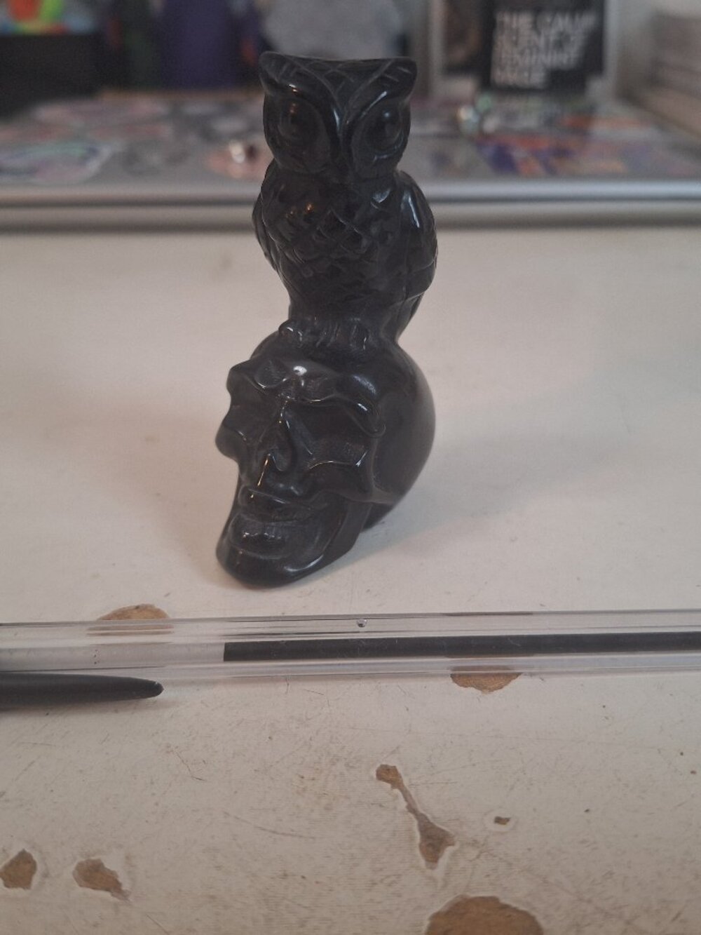 Black obsidian skull and owl